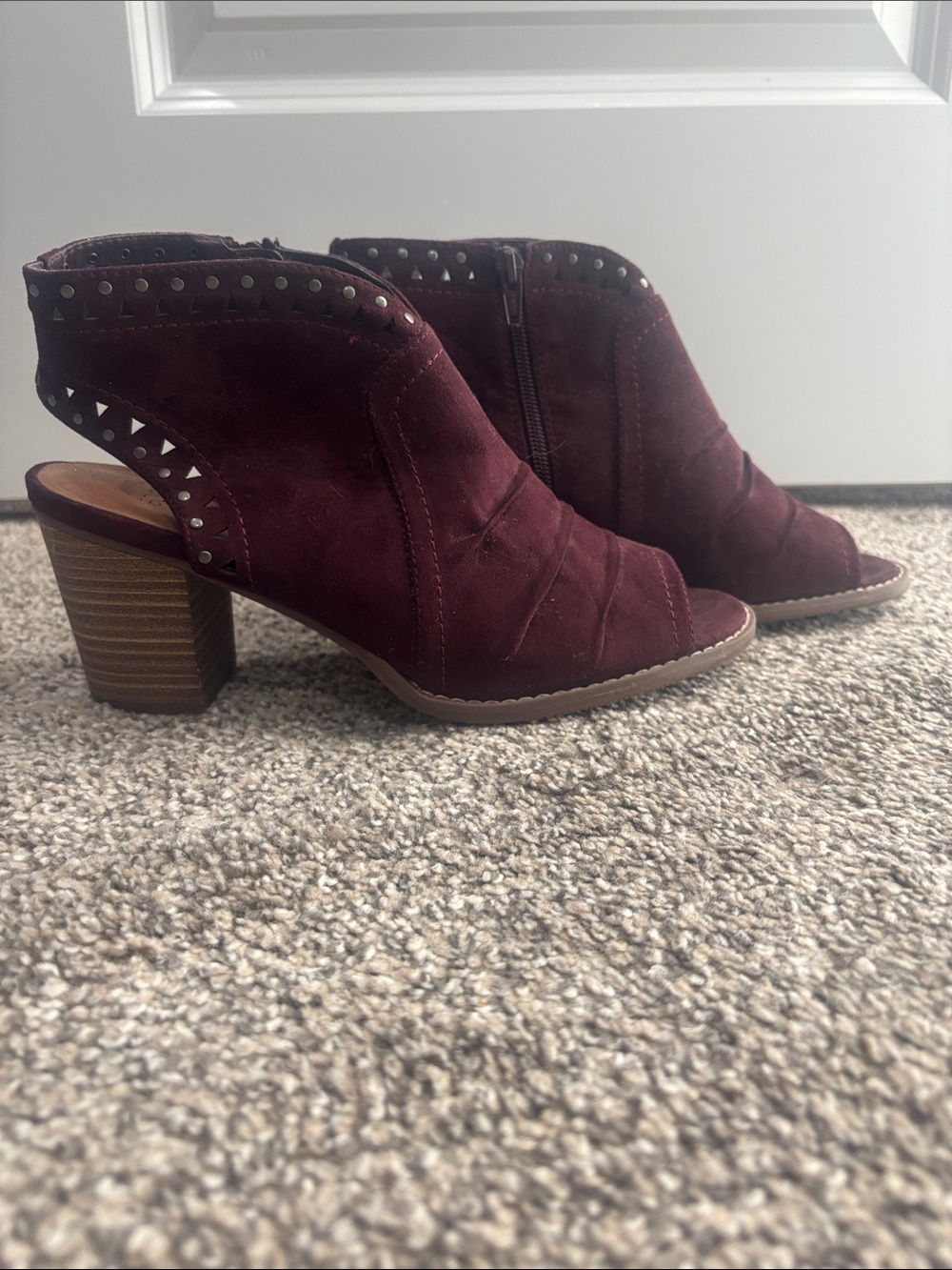 Open-Toe Suede Block Heel Booties — Burgundy